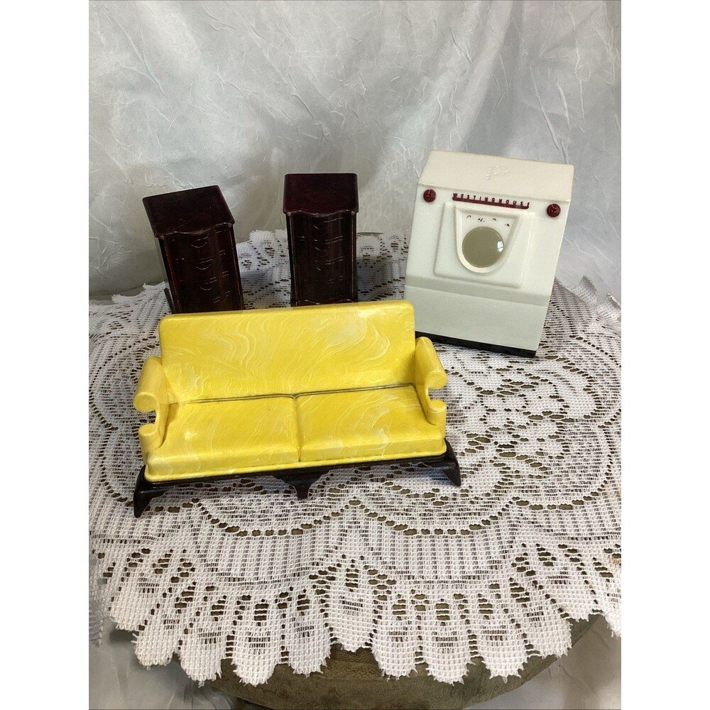 Ideal Dollhouse Yellow Swirl Couch 2 End Tables & Washer Vintage Hard Plastic